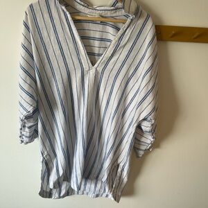 H & M Linen Cotton Blend Blue White Striped Shirt, Womens M